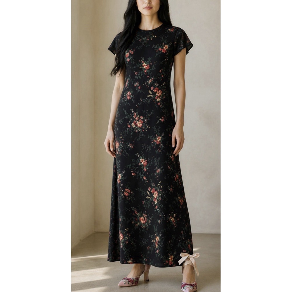 VTG Lauren Ralph Lauren 16 Silk Floral Maxi Dress Black Cottagecore Whimsigoth